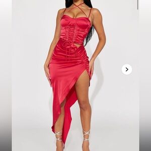 Fashion Nova asymmetrical Red Satin Dress